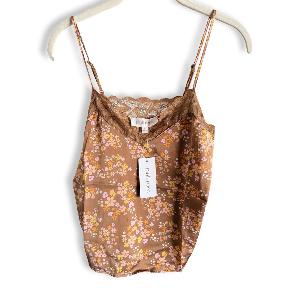Pink Rose Floral Lace Trim Cami Tank Top Spaghetti Strap Brown Ditsy Floral NWT